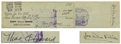 Moe Howard Check Signed to Joe DeRita -- Endorsed by DeRita on Verso -- Dated 2 May 1960 -- Measures 8.25 x 3 -- Very Good Condition